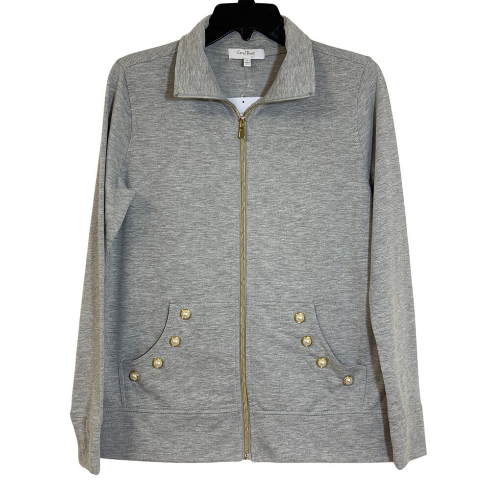 Coral Bay Small Gray Zip Up Sweatshirt, Gold Zipper, Pearl Button Accent Pockets